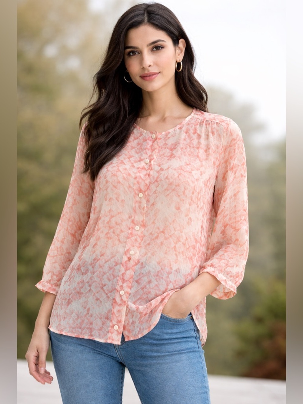 CAbi Women's XS Emerson
Crinkle 100% Silk Button Front Sheer
3/4 Sleeve Top